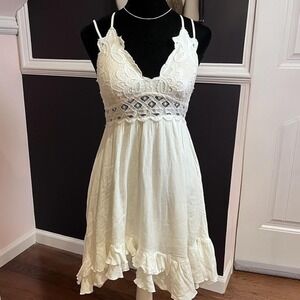 y2k white lace floral embroidered baby doll mini dress small